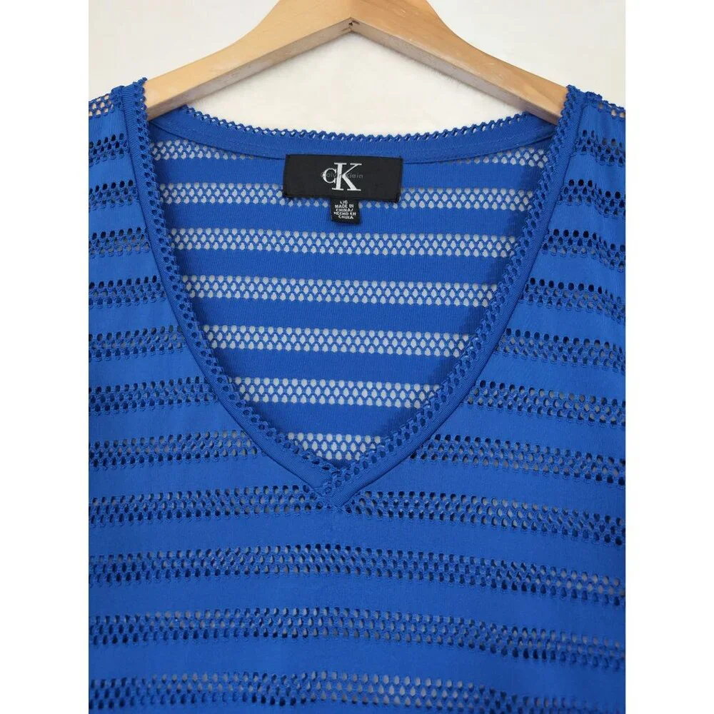 Calvin Klein Tunic Swim Cover Up Womens L Blue Open Knit V-Neck Beach‎ Pool Vaca